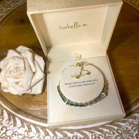 Gold tone brass cubic zirconia and emerald slider bracelet - Picture 1 of 6